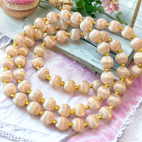 Vintage Jewelry - Vintage Satin Light Pink Gold Beaded Long Necklace